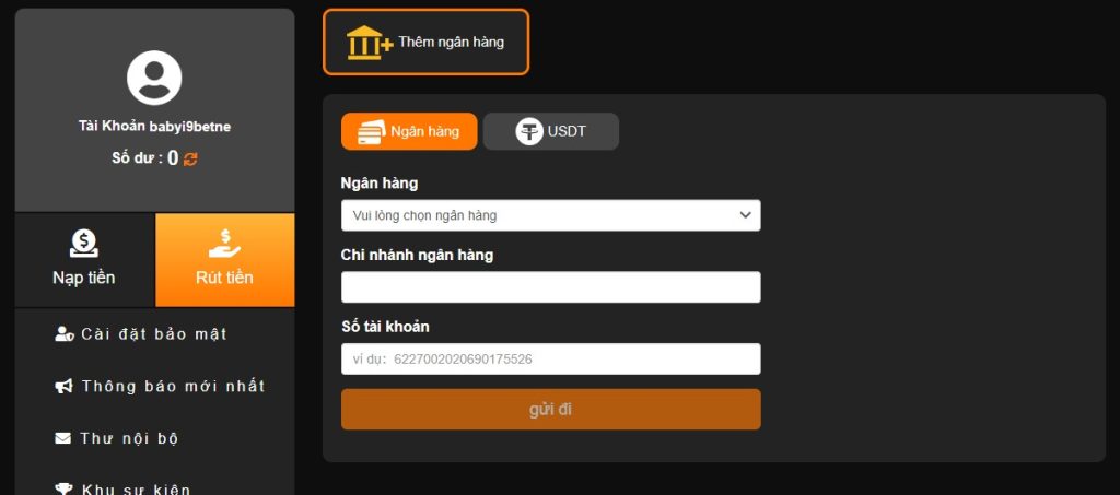 Ví dụ về việc nhập thông tin rút tiền i9bet